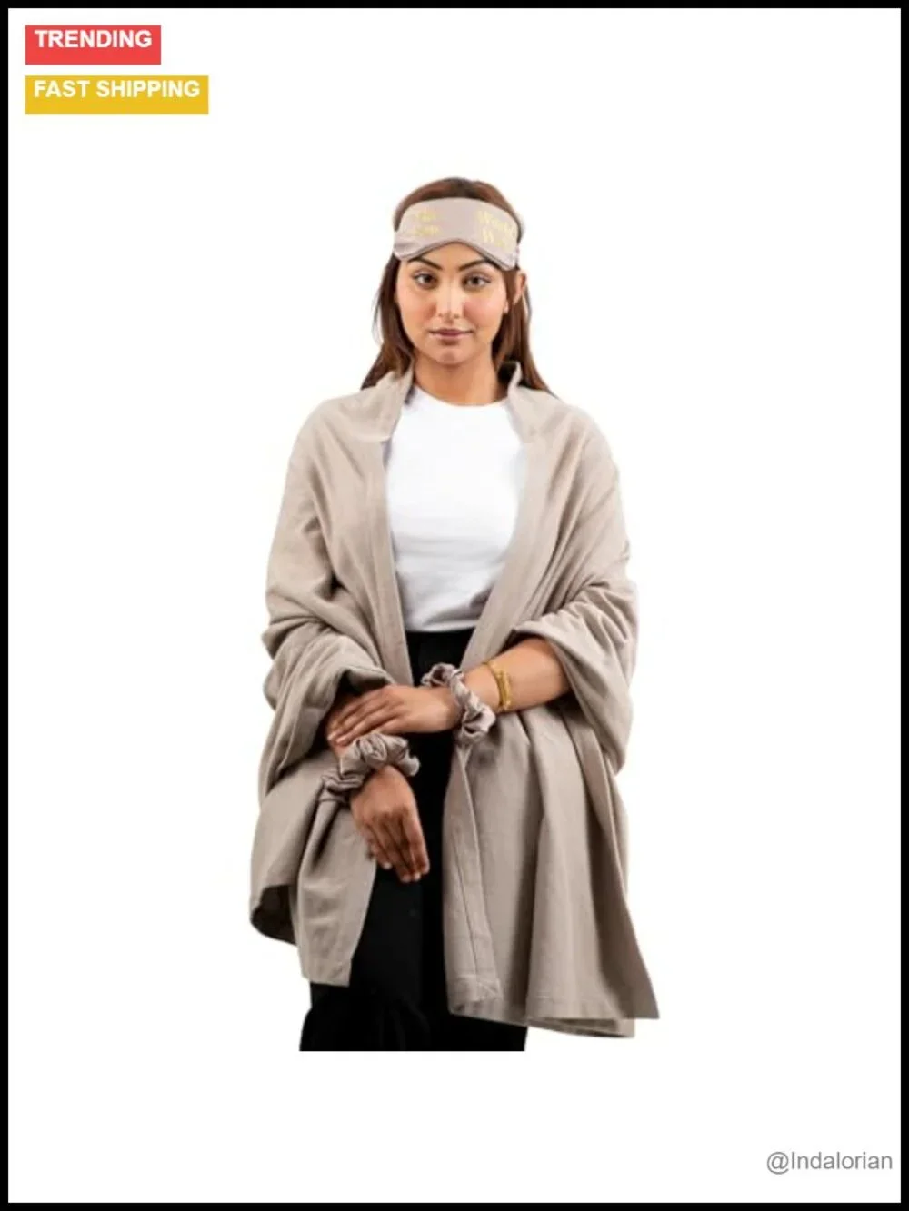 Luxury Travel Set - Cashmere-Soft Shawl Wrap with Pockets, Eye Mask, Scrunchies